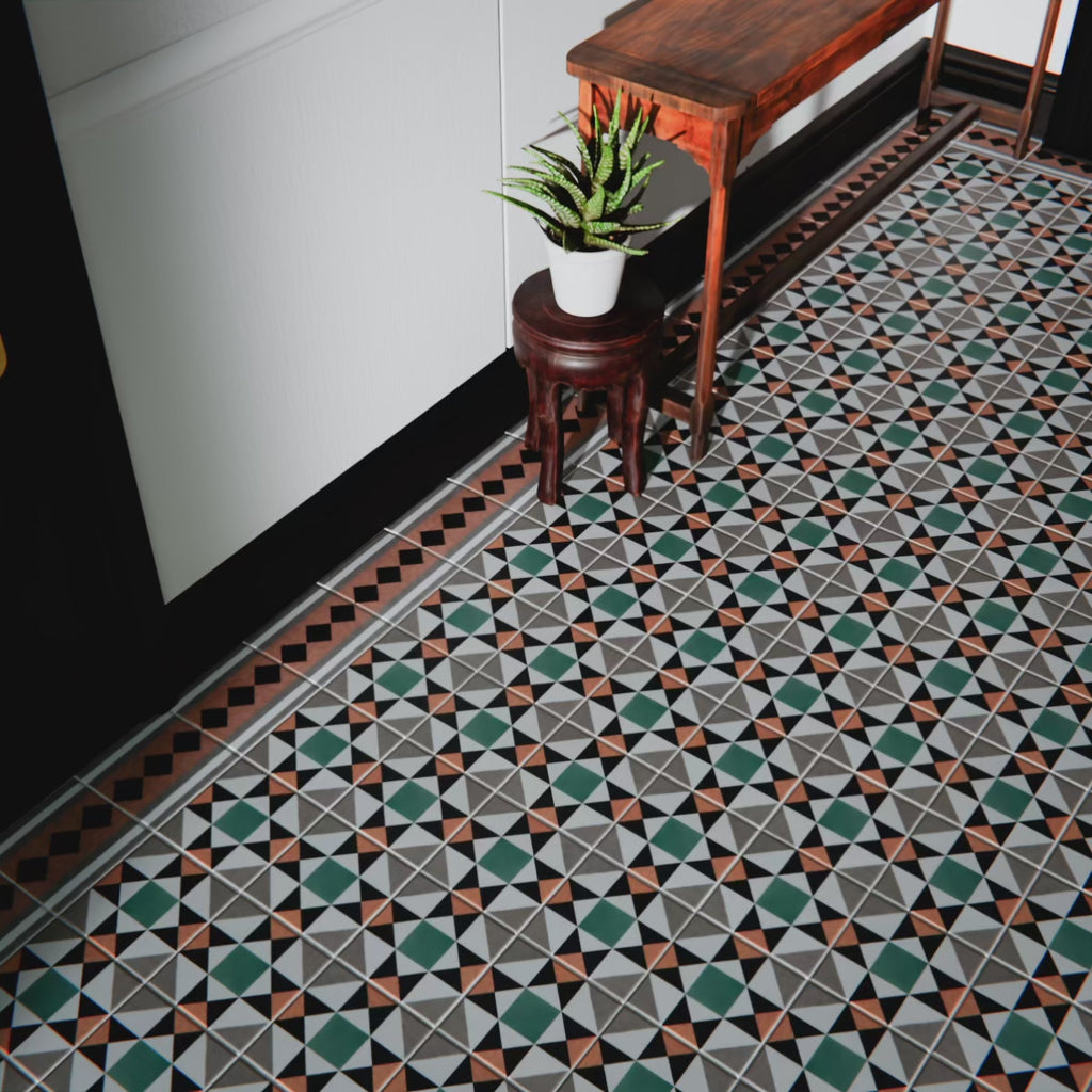 Interior space featuring Banbury Manor 20cm x 20cm Victorian encaustic-style ceramic wall and floor tiles, displaying a classic heritage pattern in soft neutral tones, styled to suit period and contemporary interiors.
