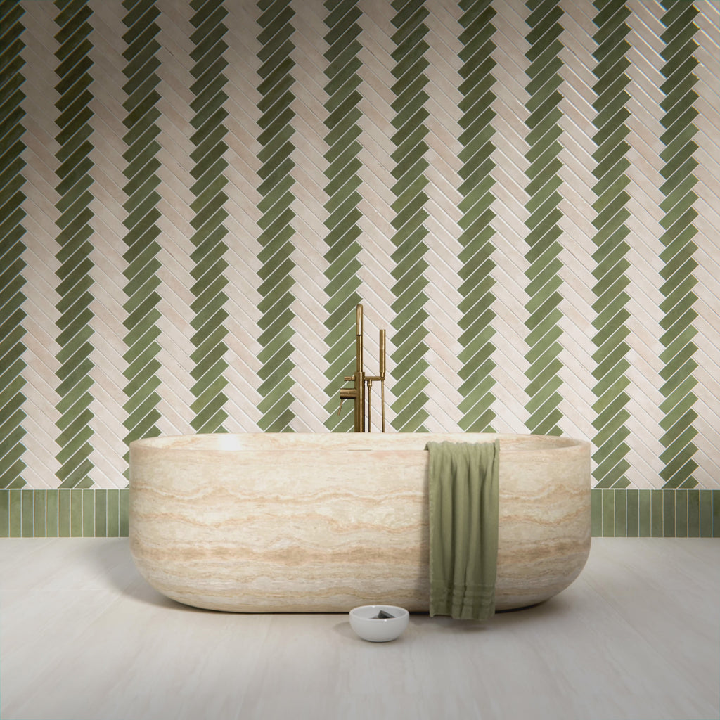 Bathroom setting featuring Nomad Sage Green Brick and Nomad Oatmeal Brick 6x24.6cm industrial style wall tiles, installed in a stacked layout, showcasing soft green and warm neutral tones, paired with modern fittings and a clean, contemporary finish.