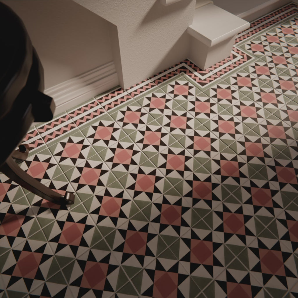 Interior detail featuring Farnham Manor Victorian style side and border tile in 20cm x 20cm format, designed to complement coordinating floor tiles and create framed layouts within traditional Victorian-inspired interiors.