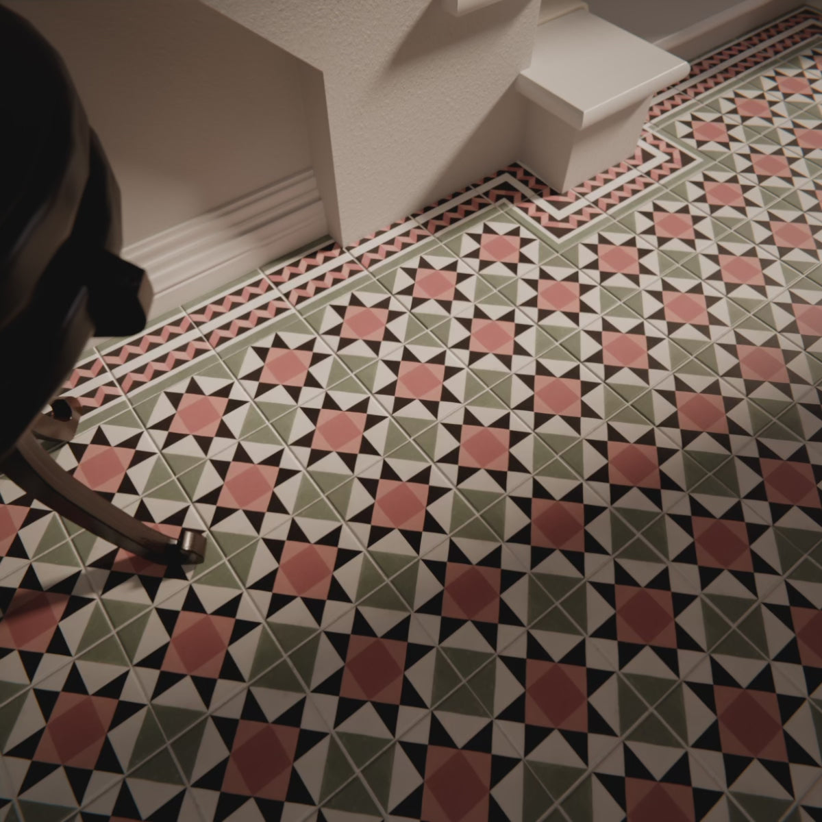Interior detail featuring Farnham Manor Victorian style side and border tile in 20cm x 20cm format, designed to complement coordinating floor tiles and create framed layouts within traditional Victorian-inspired interiors.