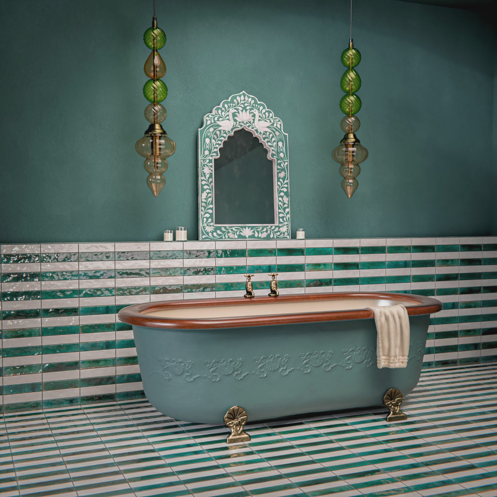 Bathroom setting featuring Levent Antique White and Levent Blue 6x24cm porcelain wall and floor tiles, installed in a brick layout, showcasing soft neutral and blue tones, paired with modern fittings and a clean, contemporary finish.