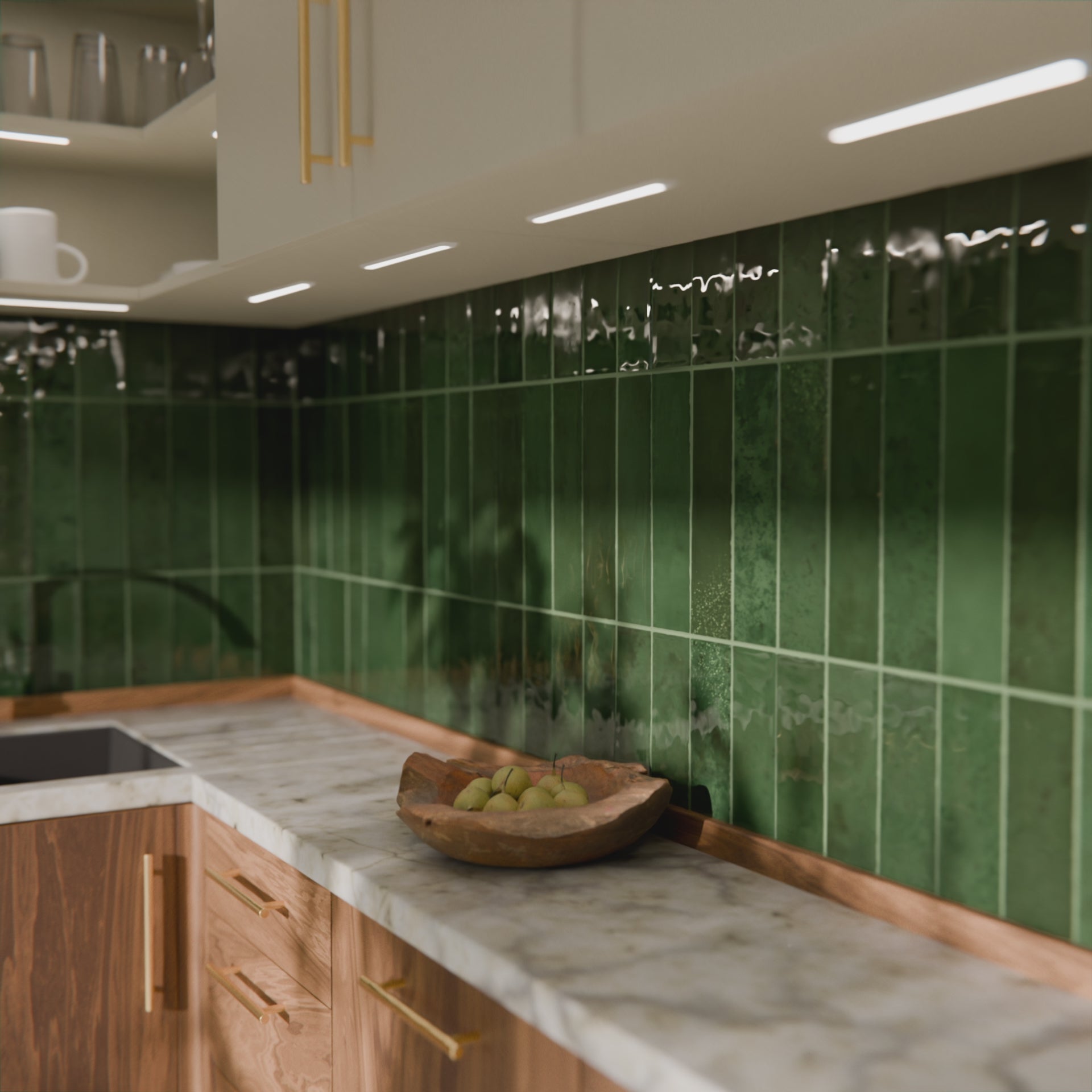 Video showing Nairobi gloss moss green handmade-effect tiles, with light moving across the textured glazed surface to highlight the rich colour depth and natural tonal variation.