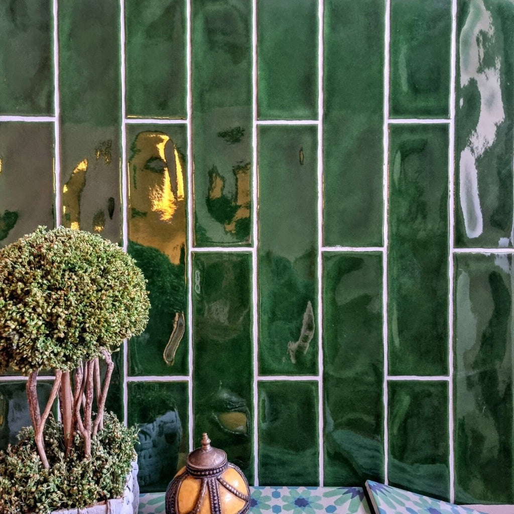 Cottage Tile Gloss Victorian Green Handmade Effect Rustic Tile 7.5cm x 30cm