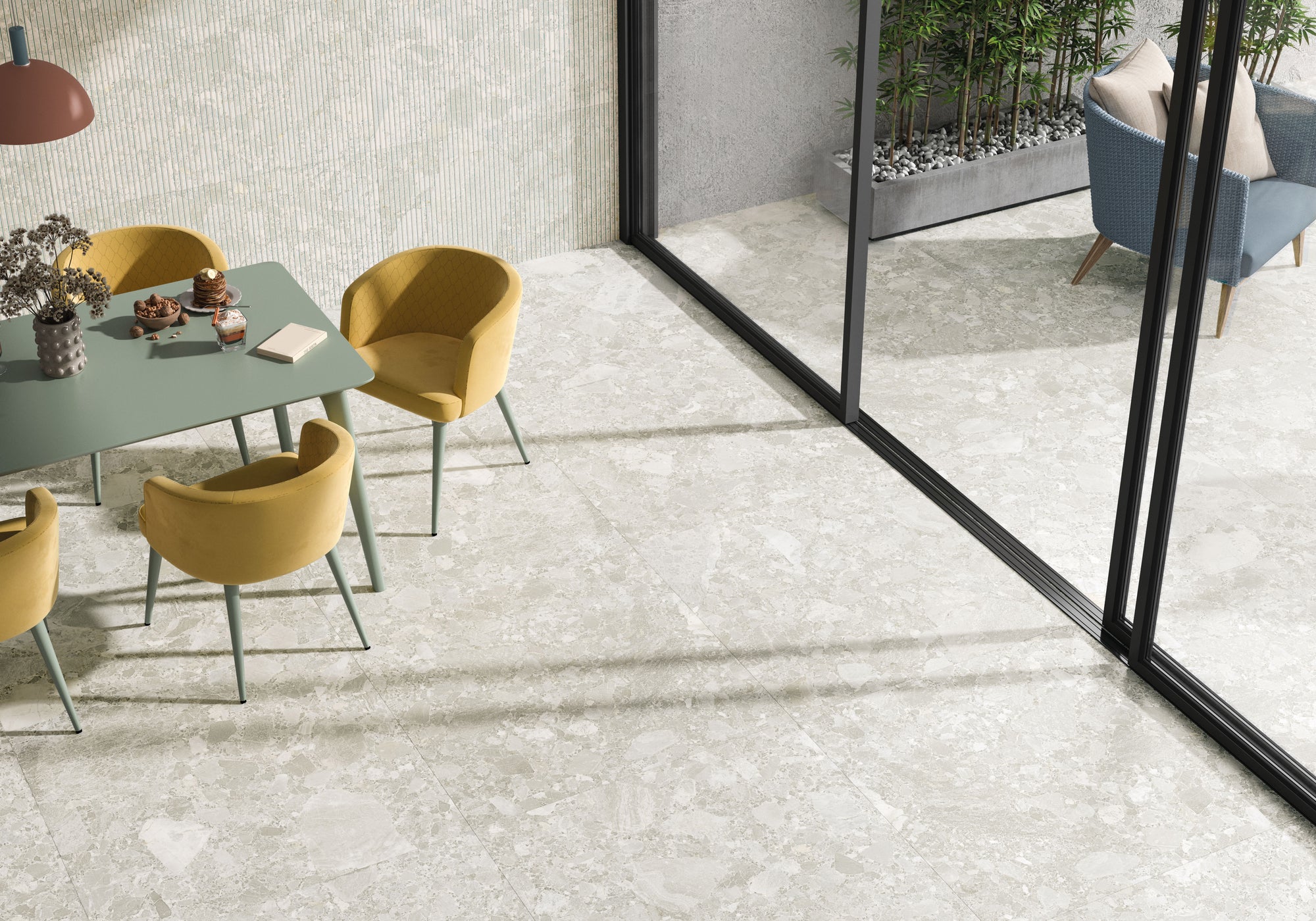 Essentials Terrazzo Stone Blanca 60x120 porcelain floor tiles in dining area, light terrazzo-style stone effect with soft neutral tones