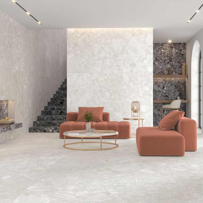 Essentials Terrazzo Stone Blanca porcelain wall tiles 60x120 in modern living space, pale terrazzo-effect surface with subtle stone fragments