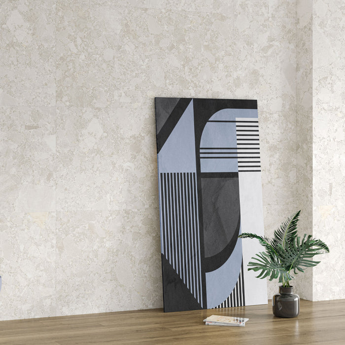 Essentials Terrazzo Stone Blanca 60x120 porcelain floor tiles in contemporary interior, light stone-effect finish with natural variation