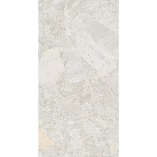 Essentials Terrazzo Stone Blanca porcelain tile 60x120, terrazzo-effect design with layered stone fragments in pale ivory and grey tones