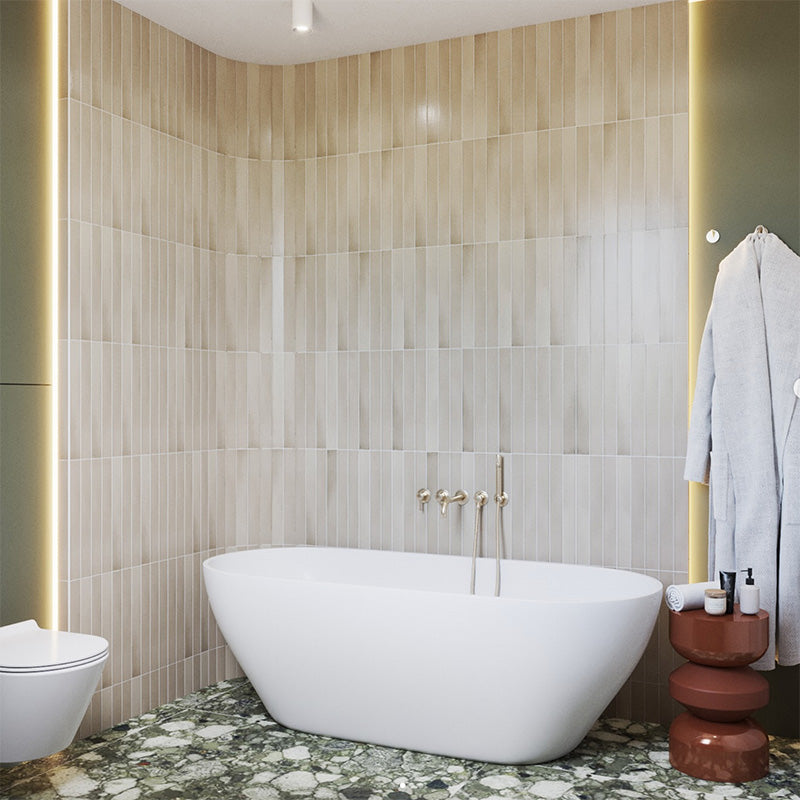 Vertical Almond Nut Matt wall tiles in a modern bathroom, paired with venice emerald terrazzo flooring and soft neutral finishes.