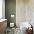 Almond Nut Matt 5x40 vertical wall tiles used in a bathroom, creating a calm, neutral backdrop with warm beige tones.