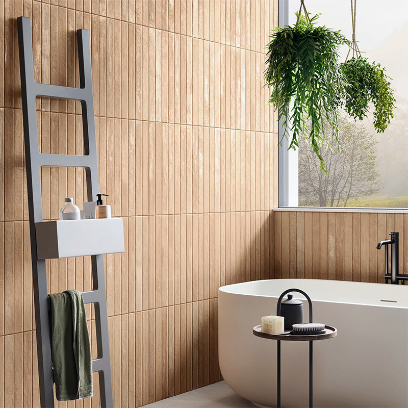 Jumairah Clay 5x40 tiles used as vertical wall tiles in a modern bathroom setting