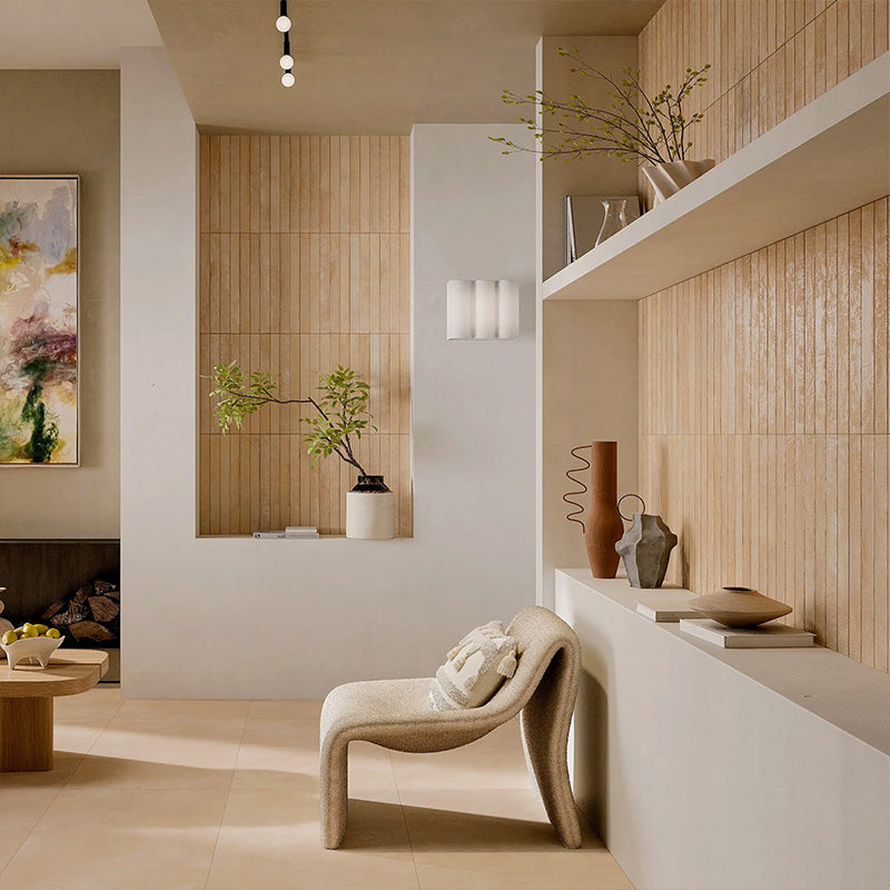 Jumairah Clay 5x40 wall tiles installed vertically in a warm, contemporary living space