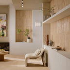 Jumairah Clay 5x40 wall tiles installed vertically in a warm, contemporary living space