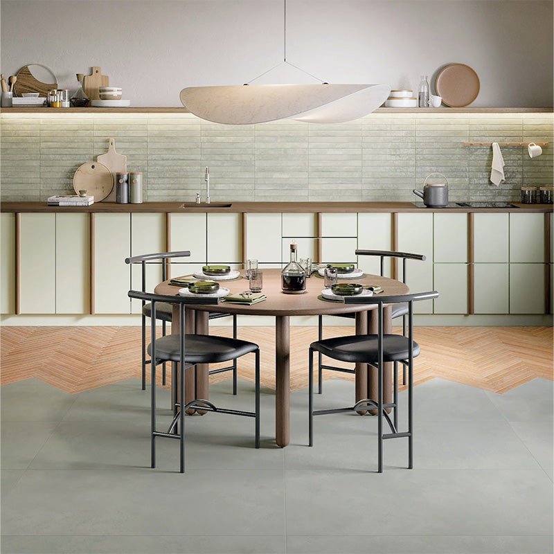 Jumairah Green 5x40 wall tiles paired with Jumairah Clay floor tiles in a contemporary kitchen setting