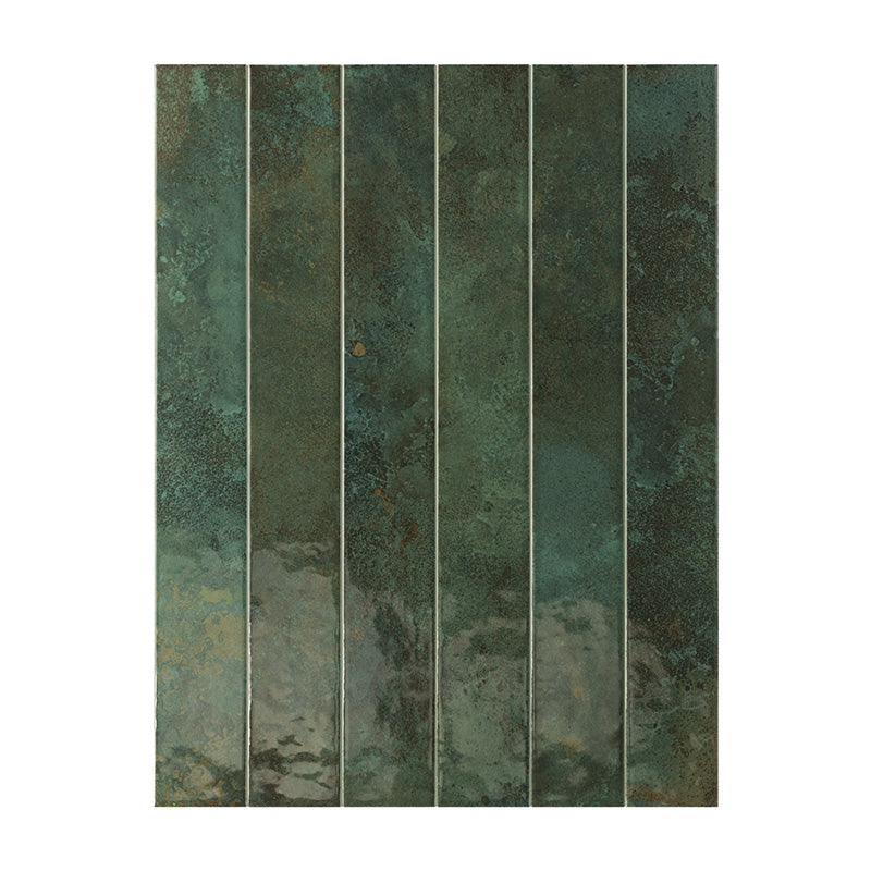 Pine Forest Green gloss wall tiles in a slim 5x40cm format with rich green tones and natural shade variation