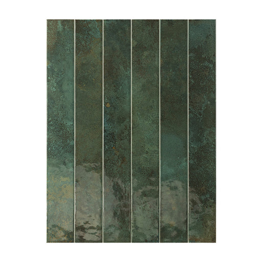 Pine Forest Green gloss wall tiles in a slim 5x40cm format with rich green tones and natural shade variation